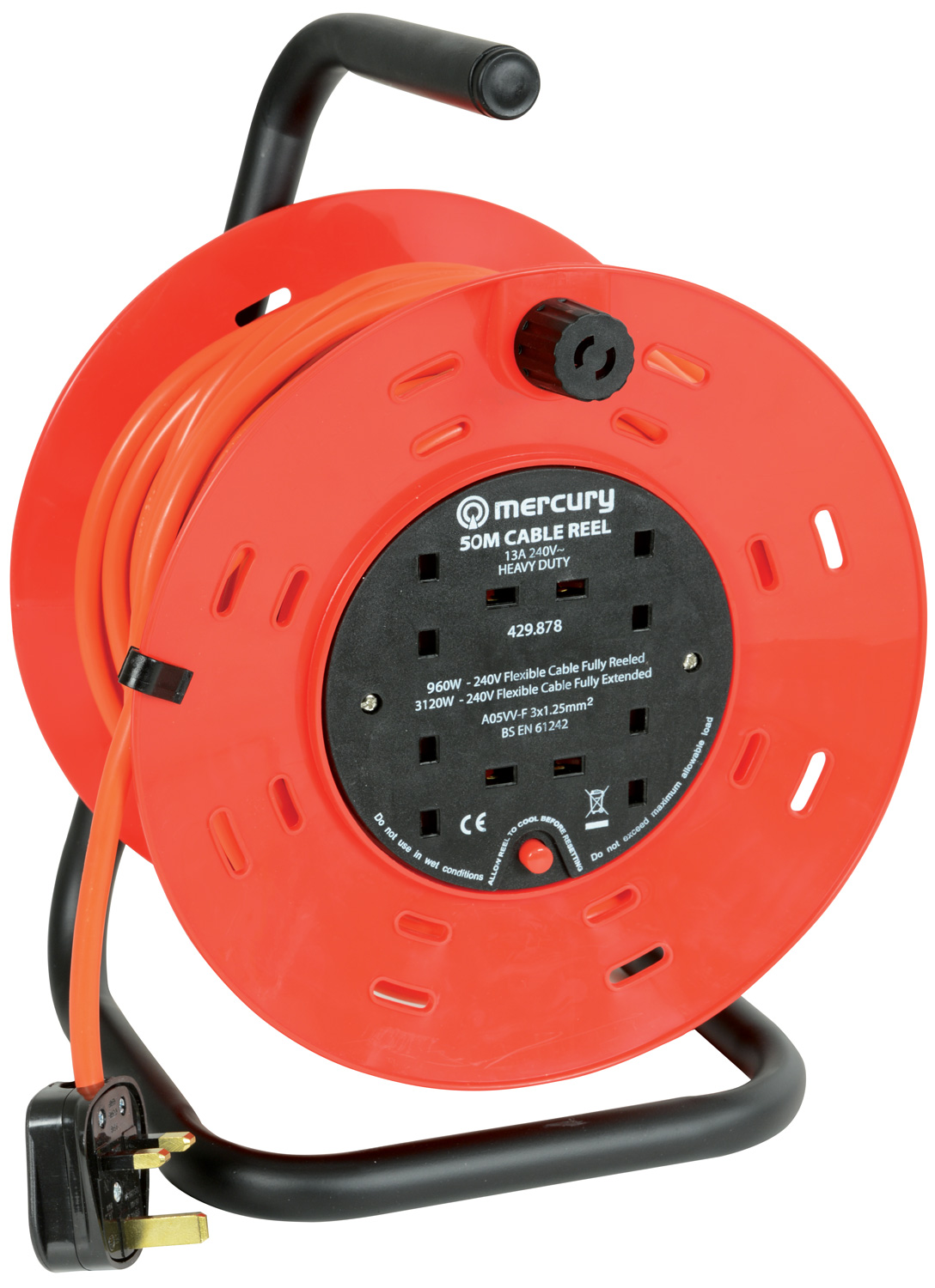 4 WAY 50M,13A Cable Reel with Handle /& Metal Stand With Thermal Cut Off